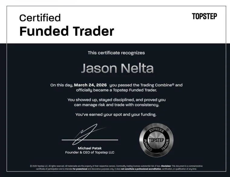 Certificat Funded Trader Topstep, 24 mars 2026