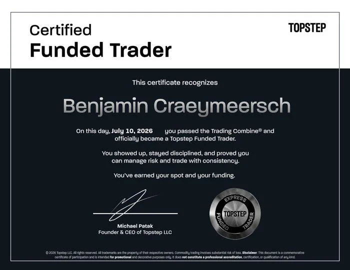 Certificat Topstep Funded Trader de Benji C., 10 juillet 2026