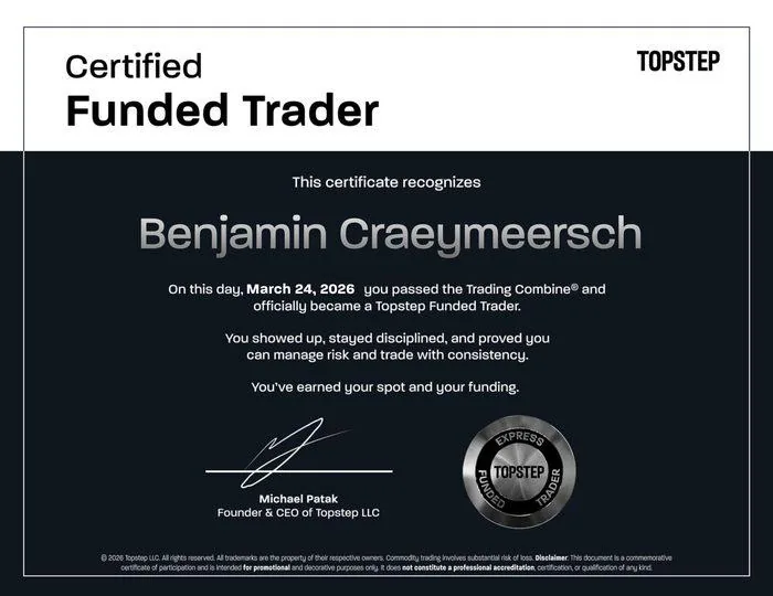 Certificat Topstep Funded Trader de Benji C., 24 mars 2026